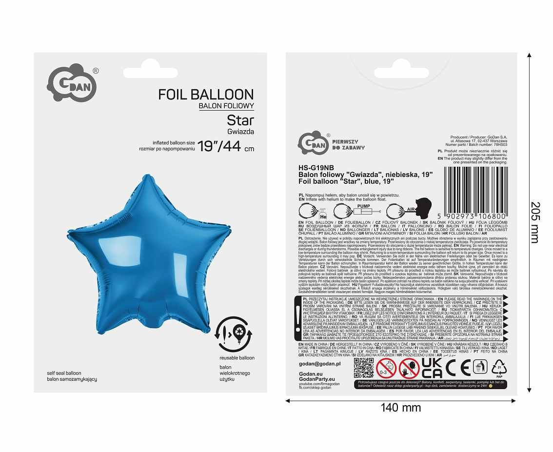 Foil balloon Star, blue, 19"